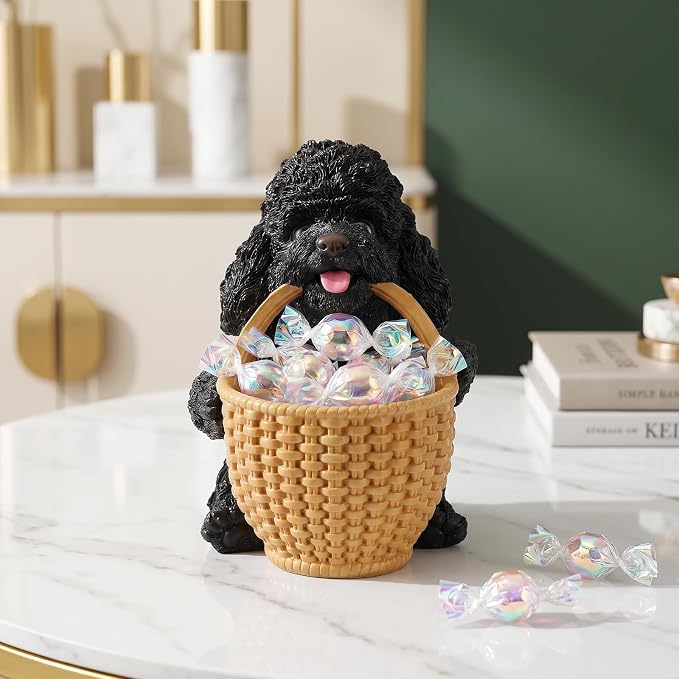Black Poodle Candy Bowl, Resin Dog Figurine Key Bowl for Entryway Table, Desktop Storage Basket Organizer for Desk, Unique Dog Lover Gift