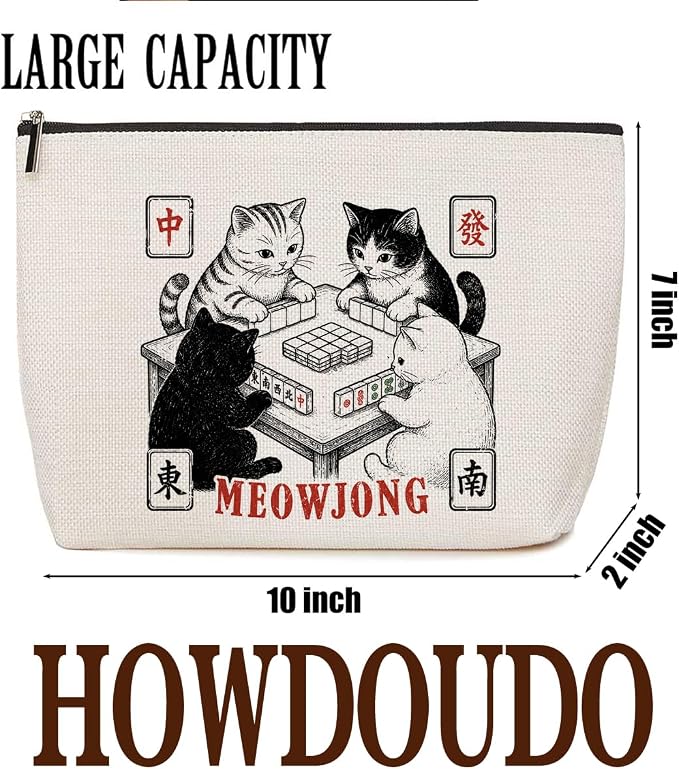 Mahjong Black Cats Makeup Bag Gift for Cat Lovers Funny Cosmetic Bag | Funny Durable Travel Organizer Pouch for Women, Outdoor Portable Toiletry Bag, Mah Jong player Present