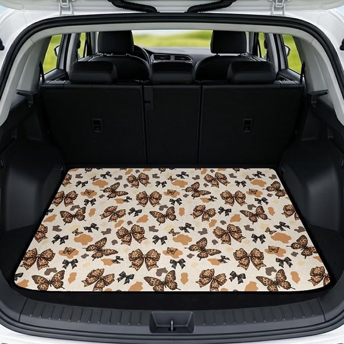 Howilath Leopard Bow Print Heavy Duty Car Trunk Mat Non-Slip Cargo Liner with Anti-Slip Backing, Universal Fit Rear Trunk Protector