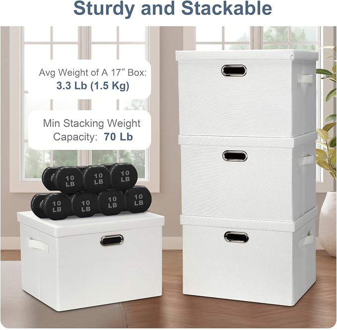 Storage Bins with Lids Fabric Closet Organizers Cubes Office Organization | 36 Quart 3 Pack White Collapsible Stackable Linen Fabric 4 Handles Bedroom Closet Cabinet Under Bed Clothes Toy Office File