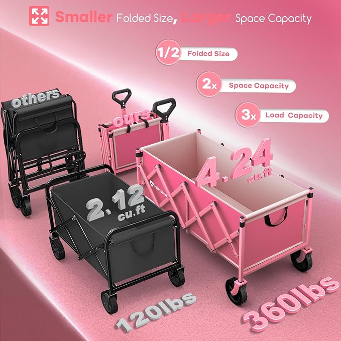 34'' Extra Long Folding Portable Wagon Cart, 120L 360LBS Pink | Wagons Carts Foldable, Heavy Duty, Collapsible Compact Storage, Utility for Shopping/Grocery/Garden/Camping/Sports