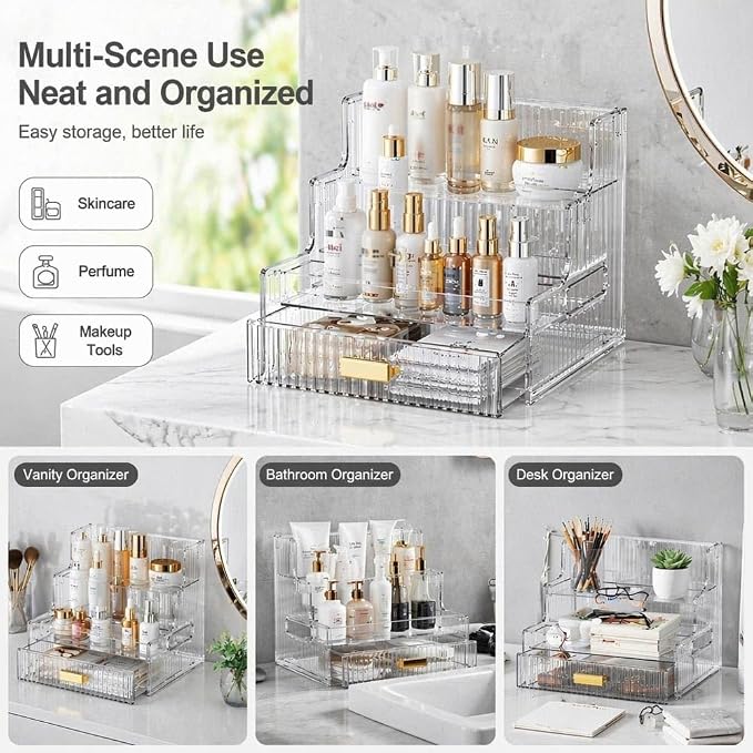 Laaimerisa Clear Acrylic Makeup Organizer with Drawer, 3-Tier Countertop | Skincare & Perfume Storage, Vanity & Desk Use, Gold-Tone Handle, 23 x 20 x 17 cm, Multi-Compartment