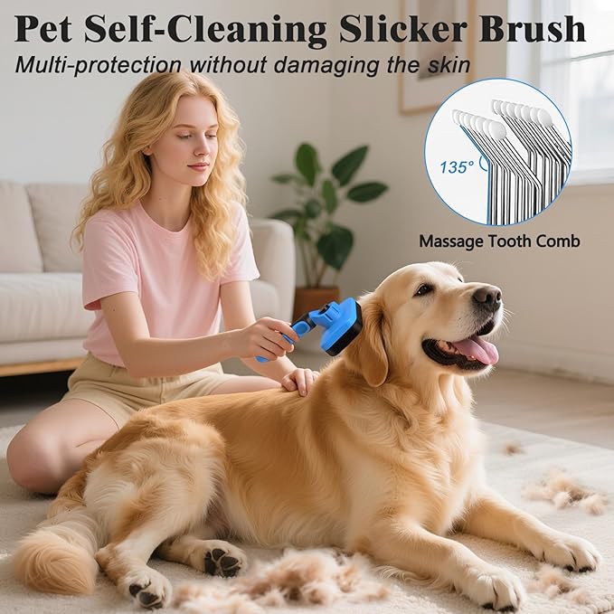 2PCS Self Cleaning Slicker Brush & Dog Comb - Skin Friendly Deshedding Grooming Tool for Dogs, Cats and Small Animals, Professional Deshedding Dematting Tool for Long and Short Haired Pets (Blue)