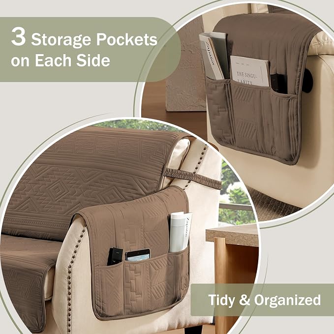 Toffee Quilted Recliner Covers, Waterproof Recliner Chair Covers, Lazy Boy Chair Covers, Pet Friendly Recliner Slipcover for Dogs Cats, Washable Furniture Protector (Recliner 22", Raw Umber)