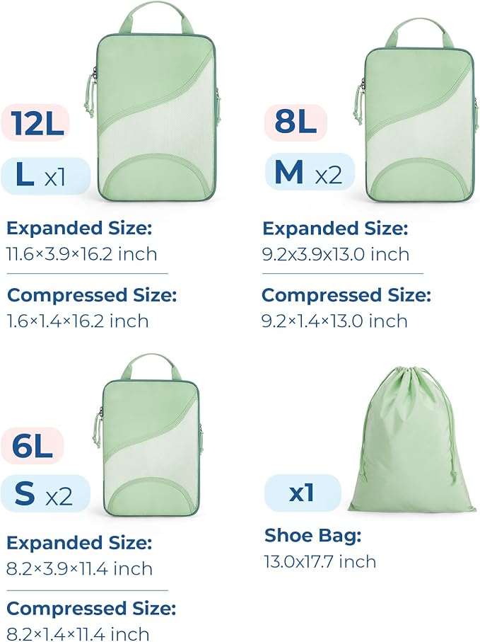Bagsmart Compression Packing Cubes, Travel Bag Cruise Ship Essentials | Lightweight, Compressible Suitcase Organizer Set fit Standard Carry-On & Checked Luggage, 6 Set, 14 Set Washable Packing Bags