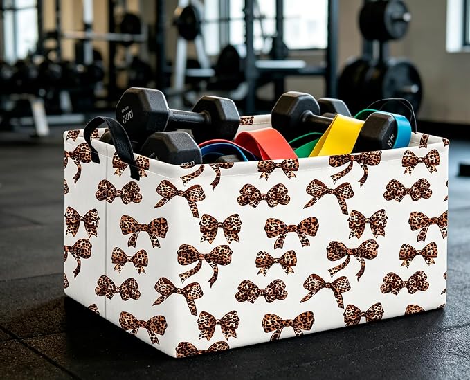 CLOCOR Rectangular Storage Basket,Waterproof Books Box with Handles,Gift Basket(Leopard Print Bow)