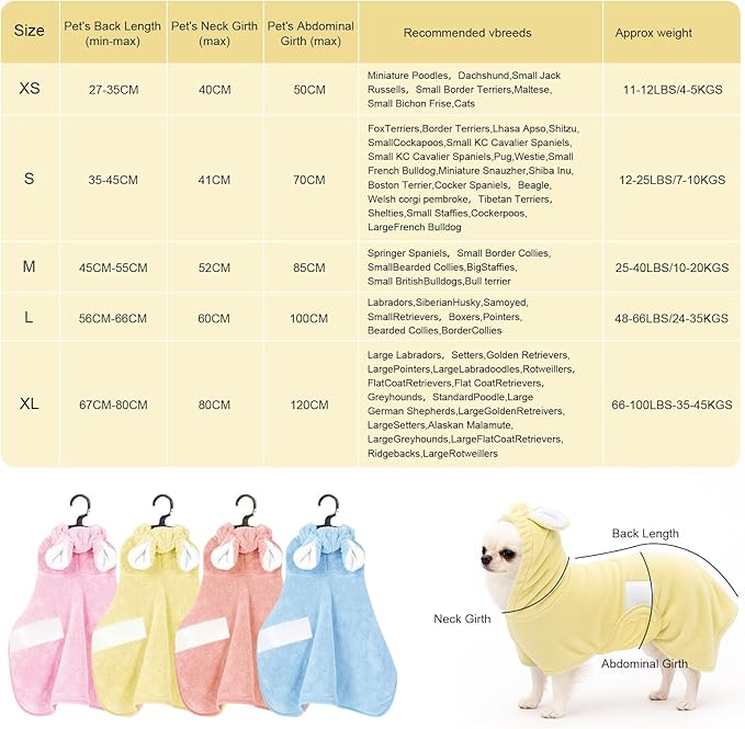 Pet Bathrobe Towel Dog Cat Drying Coat Super Absorbent Cute Dogs Bath Towel Hooded Robe Adjustable Collar & Belly Strap for XSmall to XLarge Pets (Yellow, X-Small)