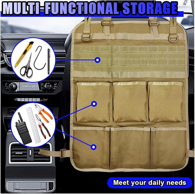 Tactical Molle Panel Car Seat Back Organizer, Waterproof Car Front Seat Protector with Multiple Pockets, Universal Kick Mat for Kids/Pets, Vehicle Backseat Storage Bag for Most Cars (Khaki)