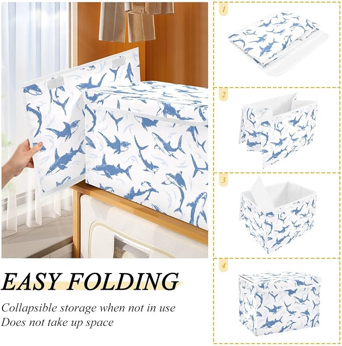 Fish Ocean Fabric Storage Bins with Lid Foldable Storage Boxes 40L Baskets | Decorative Storage Boxes, 300D Oxford Cloth, Hollow Board Frame, Flip Top Velcro Lid, 16.5x12.6x11.8 inch, Collapsible Design