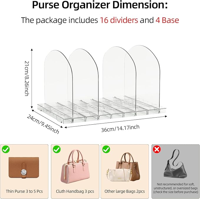 Purse Organizer for Closet 4 Pack Clear Handbag Storage Organizer Adjustable Acrylic Shelf Dividers for Closet Organizers and Storage, Keep Pocketbook, Clutch, Wallet, Bag Upright