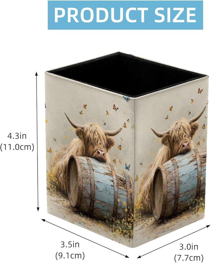 Highland Cow Pen Holder for Desk Decor, Rectangular PVC Leather Pencil Cup for Desk Pen Organizer, Makeup Brush Holder for School, Home, Office