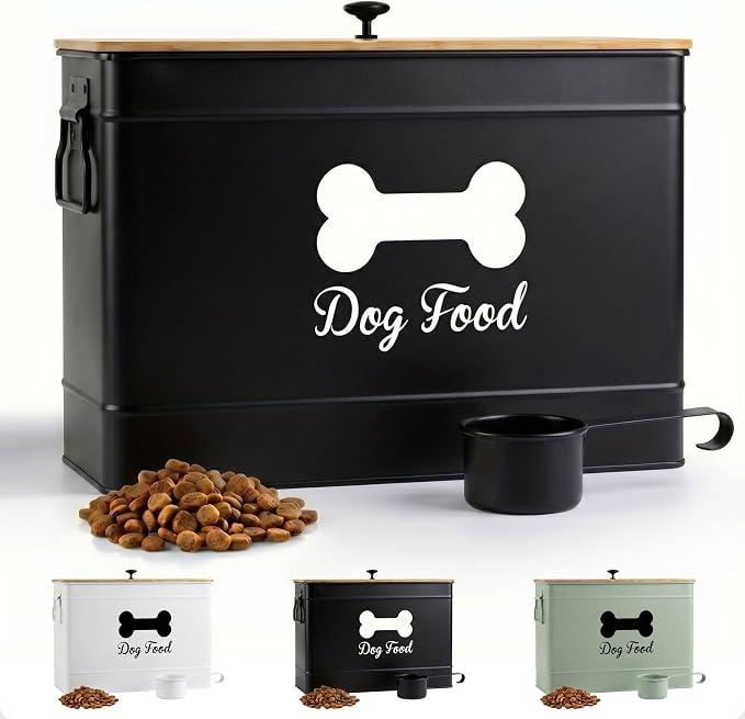 Metal Dog Food Container 15-20 lbs w/ Airtight Bamboo Lid, 70 Cup Capacity | Pet Jar For Dogs up to 100lbs, Airtight Bamboo Lid, Sturdy Comfortable Metal Handle, Powder Coated Iron, Kibble Storage Bin