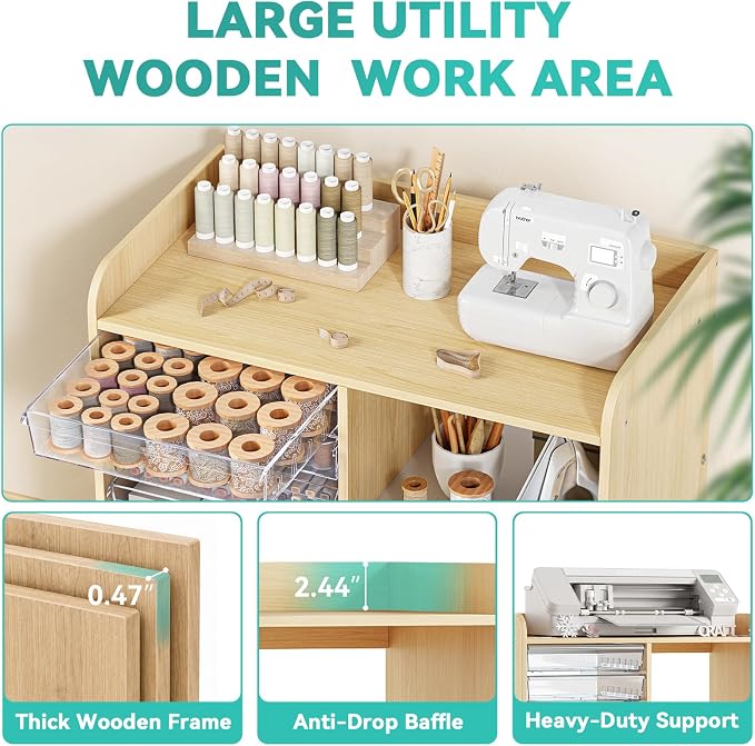 12-Drawer Storage Cabinet with Wooden Top,Open Shelf, Wood Grain | Storage Furniture System with PET Clear Drawers, Lockable Wheels, for Craft Room, Makeup Vanity, Kids & Home Organization