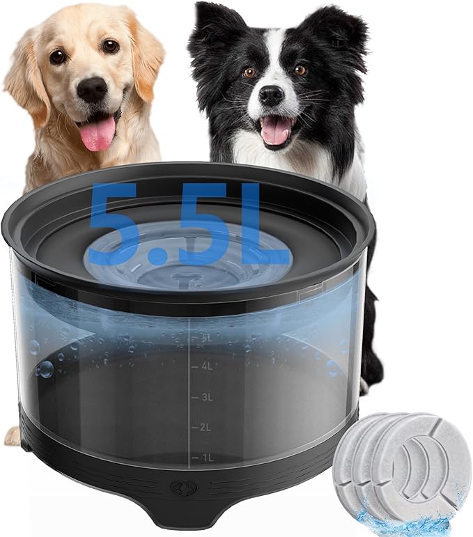 5.5L No Spill Water Bowl for Dogs, 1.45Gallon No Splash Large Dog Water Bowl with Floating Disk, Spill Proof Slow Drinking Dog Bowl for Messy Drinkers and Senior Dogs Indoor/Outdoor Use Black