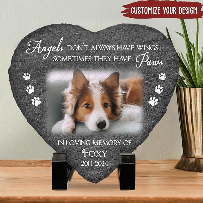 Wrappiness Pet Memorial Stone - Angels Sometimes Have Paws, Personalized Dog Memorial Gifts, Remembrance Condolence Bereavement Gifts for Loss of Pet Custom Photo (Heart 03, Stone with Stand)