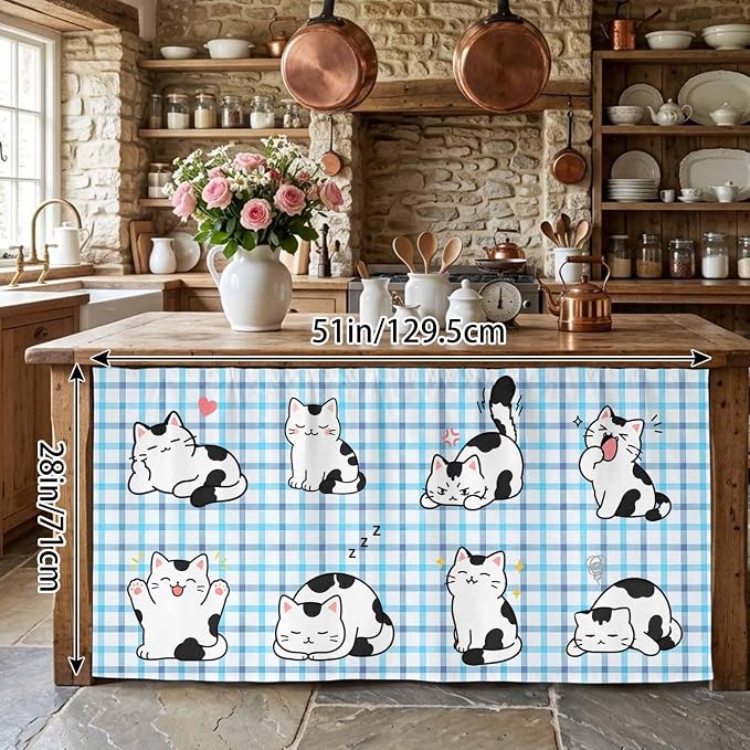 Cute Cat Cabinet Curtains 28"x51" Sink Skirt for Bathroom Kitchen, Modern Playful Pet Cats Blue Purple Plaid Self Stick Adhesive Under Desk Covers Tall Laundry Cabinet Storage Organizer