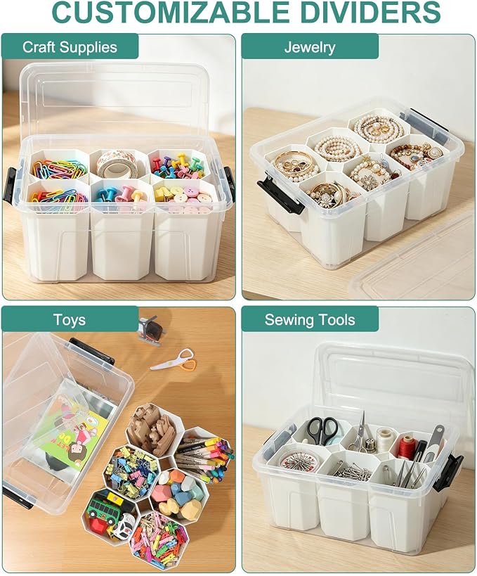 AREYZIN 17QT Clear Storage Bins with Lids & Dividers for Crafts | Stackable 17-quart transparent box featuring 6 tall removable inserts. Perfect for organizing crafts, tools, toys & crayons