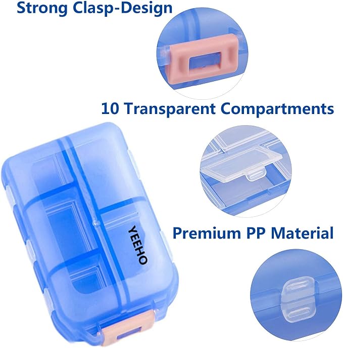 Pill Case - Portable Tablet Container Box with 10 Compartments - Medicine Capsule Vitamin Foldable Organizer Dispenser Holder Storage for Travel Trip Pocket Purse - Clear Blue