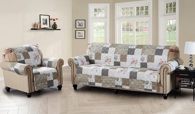 Brilliant Sunshine Pink Rose & Grey Toile Patchwork Couch Cover, 78" seat | Quilted Sofa Cover, Living Room & Bedroom Furniture Protector, Extra Large Washable Slipcover for Pets, Dogs & Cats