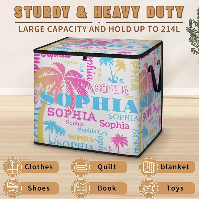 Personalized Extra Large Storage Basket with Lid, Comforters, Bedding Toys Colorful Pink Blue Yellow Palm Trees White Background Storage Bin for Home Basket for Clothes, Moving, Car Trunk