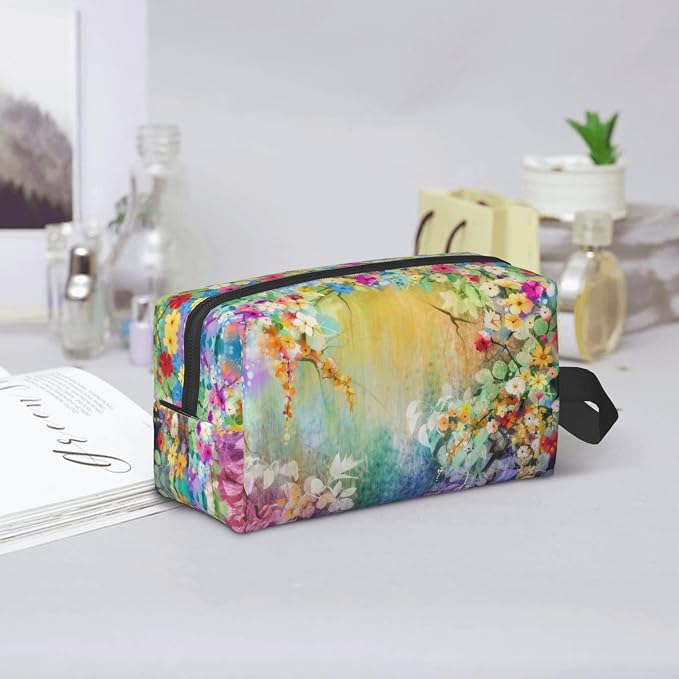 Bright Flowers Makeup Bag Watercolor Floral Cosmetic Bag | 600D Oxford Fabric, Shockproof Foam Padded, Travel Cosmetic Organizer, For Gym & Daily Use, 10x6.2x4.9 Inch