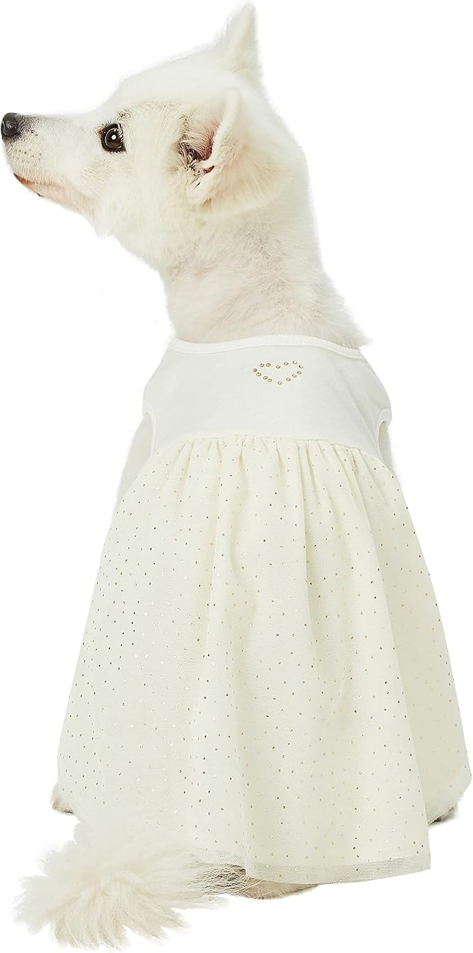 Blueberry Pet My Little Princess Cotton Blend Dog Tulle Dress in Sweet Vanilla with Heart, Back Length 14", Pack of 1 Clothes for Dogs