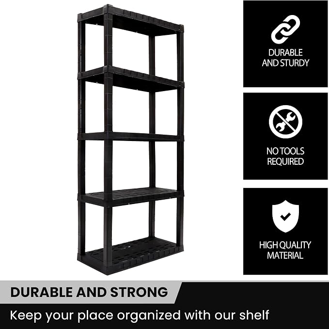 Oskar Heavy Duty Plastic Storage Shelves- for Garage, Kitchen, Bathroom Basement Kids Room, Stackable 5-Tier Black, Organizer Rack for Books Shoes, Toys, Pantry, Cleaning and Closet Organization