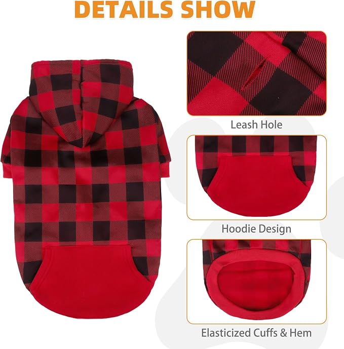 KOOLTAIL Plaid Cat Hoodie Pet Clothes Sweater with Hat and Pocket for Small Dogs Puppy Cats, Soft Winter Warm Dog Cold Weather Coat, Fleece Fall Dog Hooded Sweatshirt with Leash Hole, Christmas Red XS