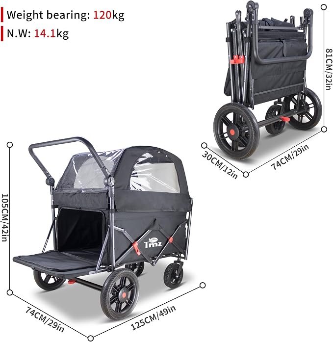 TMZ Collapsible Wagon Cart, Folding Utility Wagon with Breathable Fabric, Canopy, Expandable Storage, Adjustable Handle, Brake, Heavy Duty Cart for Walking & Camping (Black)