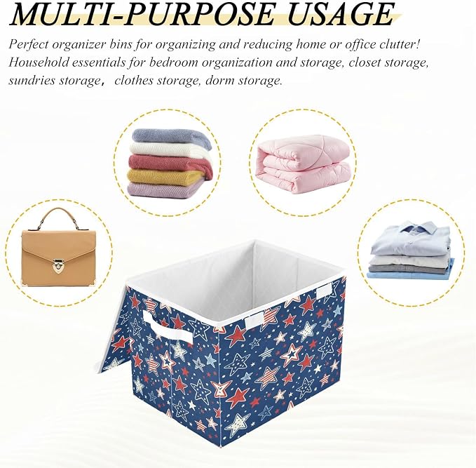 July 4th Patriotic Storage Bins with Lids Large Stars and Stripes Storage Basket with Handles Foldable Fabric Storage Box Organizer for Clothes Closet Cabinet Home Office Bedroom