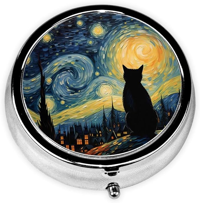 Pill Box, Small Pill Organizer with 3 Compartments and Mirror, Cute Round Portable Travel Metal Pill Case for Pocket or Purse, Privacy-Protecting Medicine Box-Starry Sky Cat
