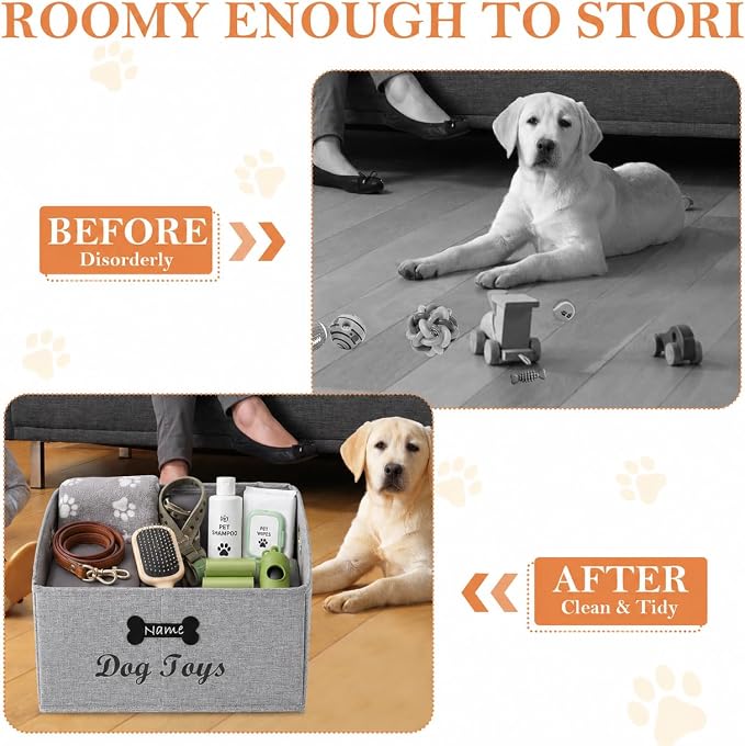 Big Dog Toys Storage Bins Canvas Foldable Fabric Trapezoid with metal handles pet Baskets,Can be Personalized,Storage Bin Large toy box Organizer-Snow Gray