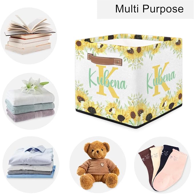 Personalized Initial-Name Sunflower Storage Baskets for Girls Women, Custom Portable Square Storage Bins with Handles Foldable Organizer for Clothes, Toys, Blanket, Towel,Pet 13”