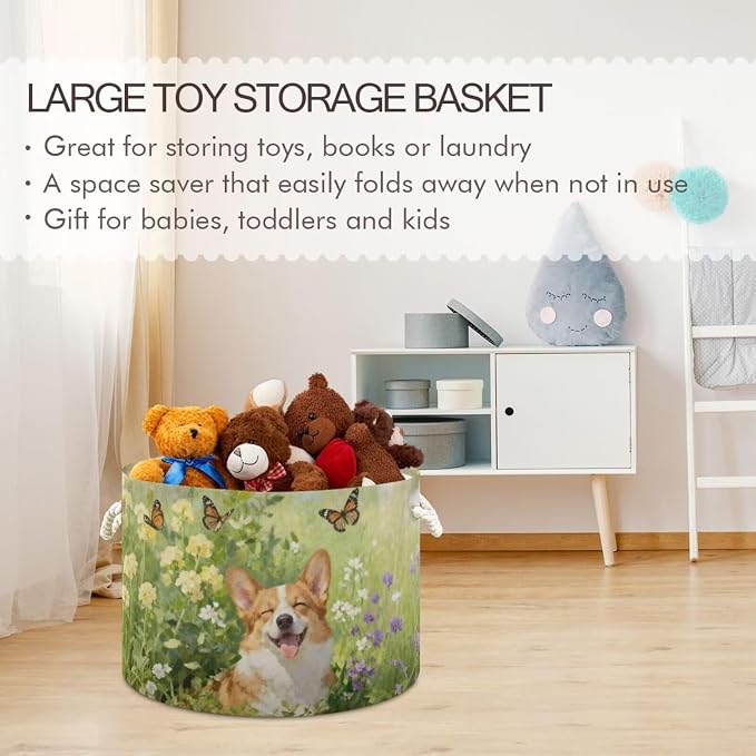 Joyful Corgi Dog Collapsible Round Storage Basket with Handles | Butterfly Floral Large Laundry Baskets Hamper, Clothes Organizer Bin for Nursery Bedroom Living Room Decor, 20x 20x 14 Inches