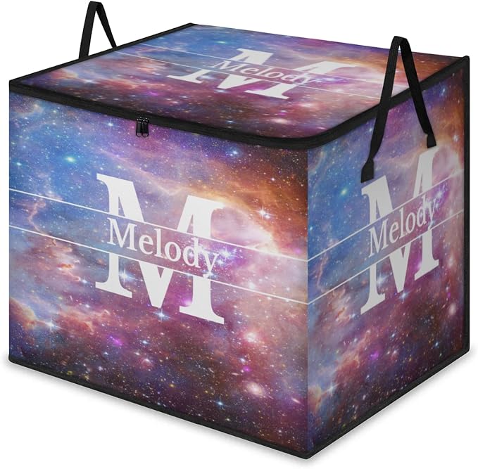 Custom Name Large Clothes Storage Organization with Lids, Kids Toys Bin Shelf Basket, Bedding Clothes Storage Bin for Nursery, Gift Basket, Space Universe Galaxy Background with Initial Letter