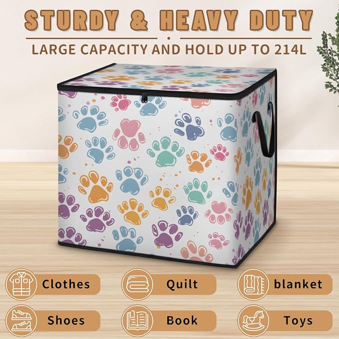Cute Colorful Cat Paws Large Storage Bags, Fabric Bed Storage Containers, Foldable Closet Organizers for Blanket, Clothing, Comforter, Bedding, Pet Animals