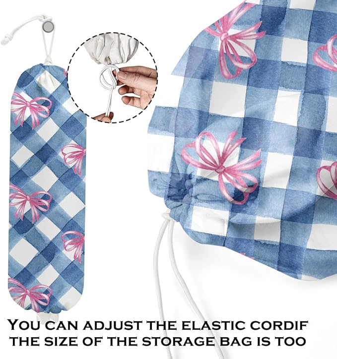 Pink Bow Plastic Bag Holder for Kitchen Essentials, Wall Mount Grocery Bag | Holder for Plastic Bags, Blue White Plaid Reusable Shopping Bags Storage Dispenser for Home Kitchen Pantry, 22.5x9 Inch