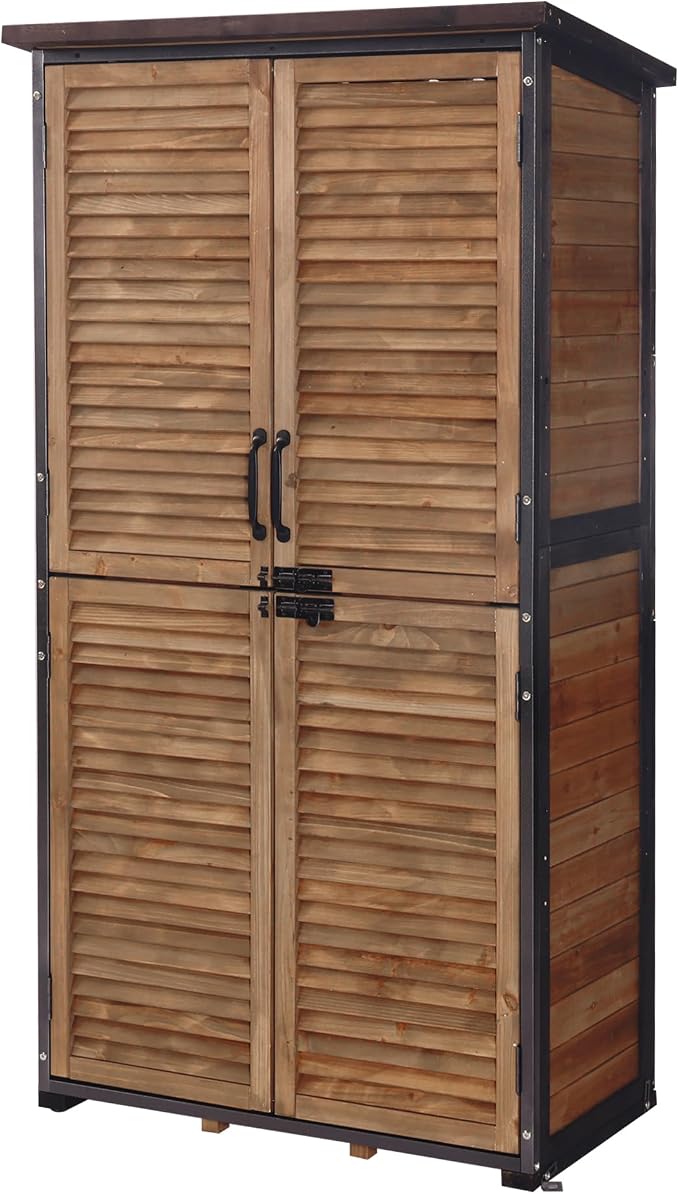 Aivituvin Outdoor Storage Shed with Adjustable Shelves and Floor, Garden Sheds with Iron Frame and Wooden Frame, Outdoor Tool Cabinets with Inclined Weatherproof Roof