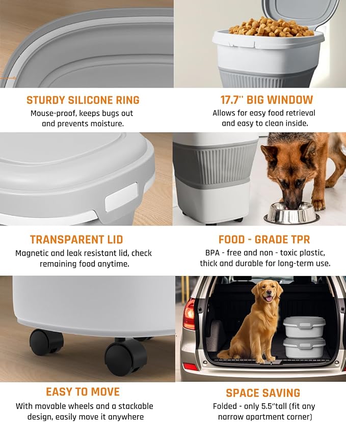 28-30lbs Collapsible Dog Food Storage Container,Airtight Dog Food Container | Pet Food Storage Container with Double Seal Lid,Wheels,Multifunctional for Dog,Cat,Rice,Flour,Scoop &Small Container