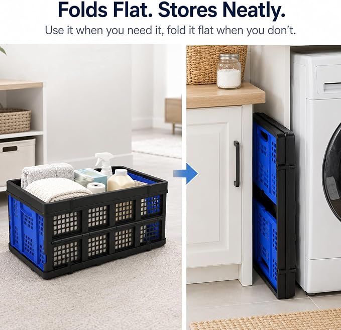 49L Collapsible Storage Crates, Stackable, Blue, 2 Pack | Heavy-duty foldable utility bins for trunks, garages, groceries, camping and moving; fold flat to 2.6 in.