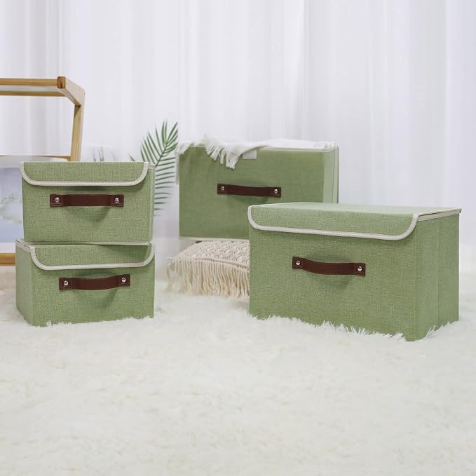 ANMINY Fabric Storage Box Bins with Lids, Green, 10"x8"x7" | Keepsake Memory Storage, Cotton Linen, PP Board Reinforced, Washable, PU Handles, Foldable & Stackable, Decorative, Small