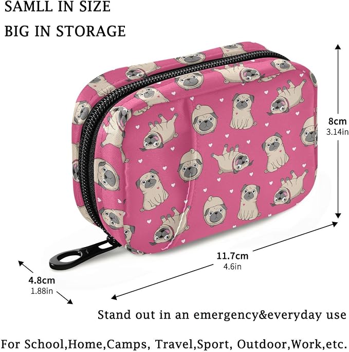 Fustylead Happy Funny Little Pugs and Hearts Pill Organizers 2 Times A Day Pill Case Bag with Zipper Portable Weekly Pill Dispensers for Vitamin Supplement