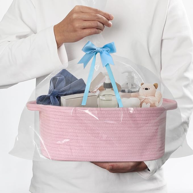 MEGASKET Pink Woven Storage Basket, Cotton Rope Gift Basket Empty, Cute Organizer for Girls, Decorative Baby Nursery Closet Bin, Pink Room Decor, Gift Ready Bin with Handle, Wicker Pet Toy Storage Box