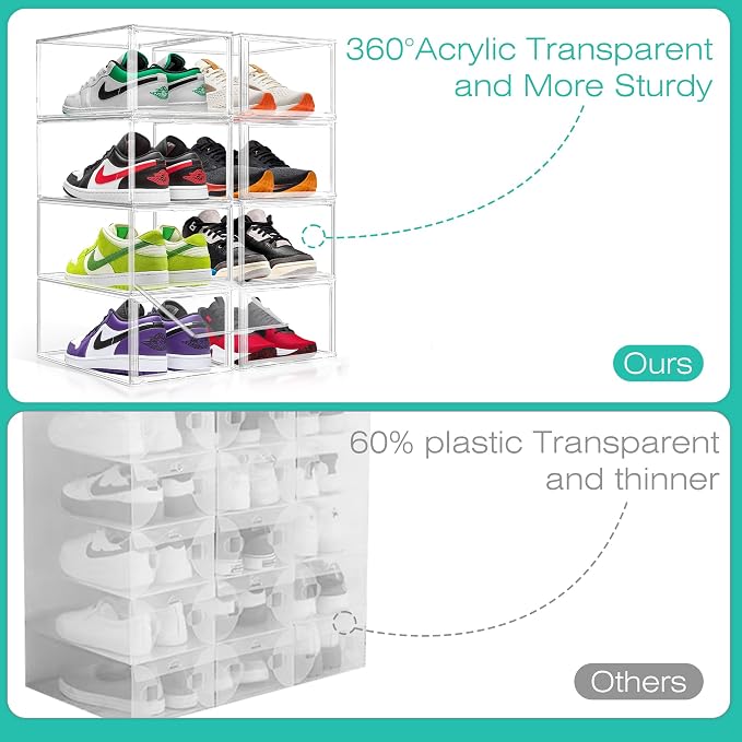 12 Pack Drop-Front Clear Acrylic Shoe Organizer, Fits Shoe Box Size 13 | Stackable Shoe Tower with Magnetic Door Large Storage Bins for Sneaker Containers Display & Closet Organization