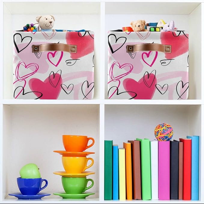 Happy Valentine's Day Pink Love Storage Basket Fabric Laundry Baskets Red Heart Storage Boxes Organizer Bag for Baby Cloth Dog Toy Book Storage Cubes Shelf Closet Bins 16×12×8 Inches