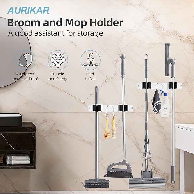 Broom Holder Wall Mount, 2-Pack Stainless Steel Mop and Broom Organizer, Broom Hanger with 2 Slots 2 Hooks for Home Kitchen, Garage, Garden and Laundry Room, Silver