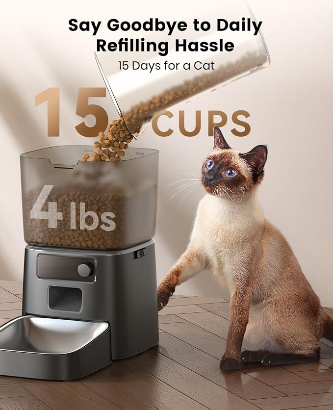 oneisall 2.4 GHz Wi-Fi Automatic Cat Feeder, 3.5L/15 Cups | Timed Meals, Feed Now, Feeding Logs, Slow Feed, Precise Portion, Dual Power Backup, Family Share, Stainless Steel Bowl