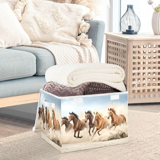 Running Horses Storage Bins with Lids Large Collapsible Storage Basket with Handles Cute Horse Foldable Fabric Storage Box Organizer for Clothes Closet Cabinet Home Office Bedroom