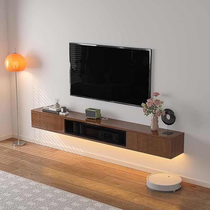 FurniNova 55" Floating TV Stand for 43 50 55 60 inch TV,Modern Plywood Wall Mounted Entertainment Center with Push-to-Open Doors, High Gloss Media Console,Small Space Floating Shelf,Walnut