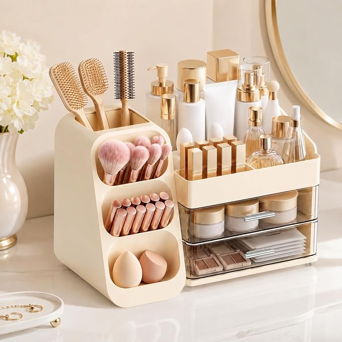 Large Makeup Organizer Countertop for Vanity Skincare Organizers Cream | Acrylic Cosmetic Display Case with Drawers Brush Holder, Dorm Bathroom Counter Organizer for Perfume, Nail Polishes, Lipstick